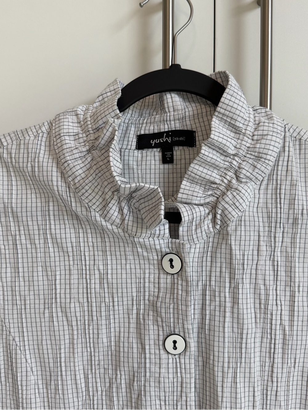 Yushi Made in USA Crinkle Check Tunic Top L White Black Sleeveless Front Pockets - Picture 4 of 11